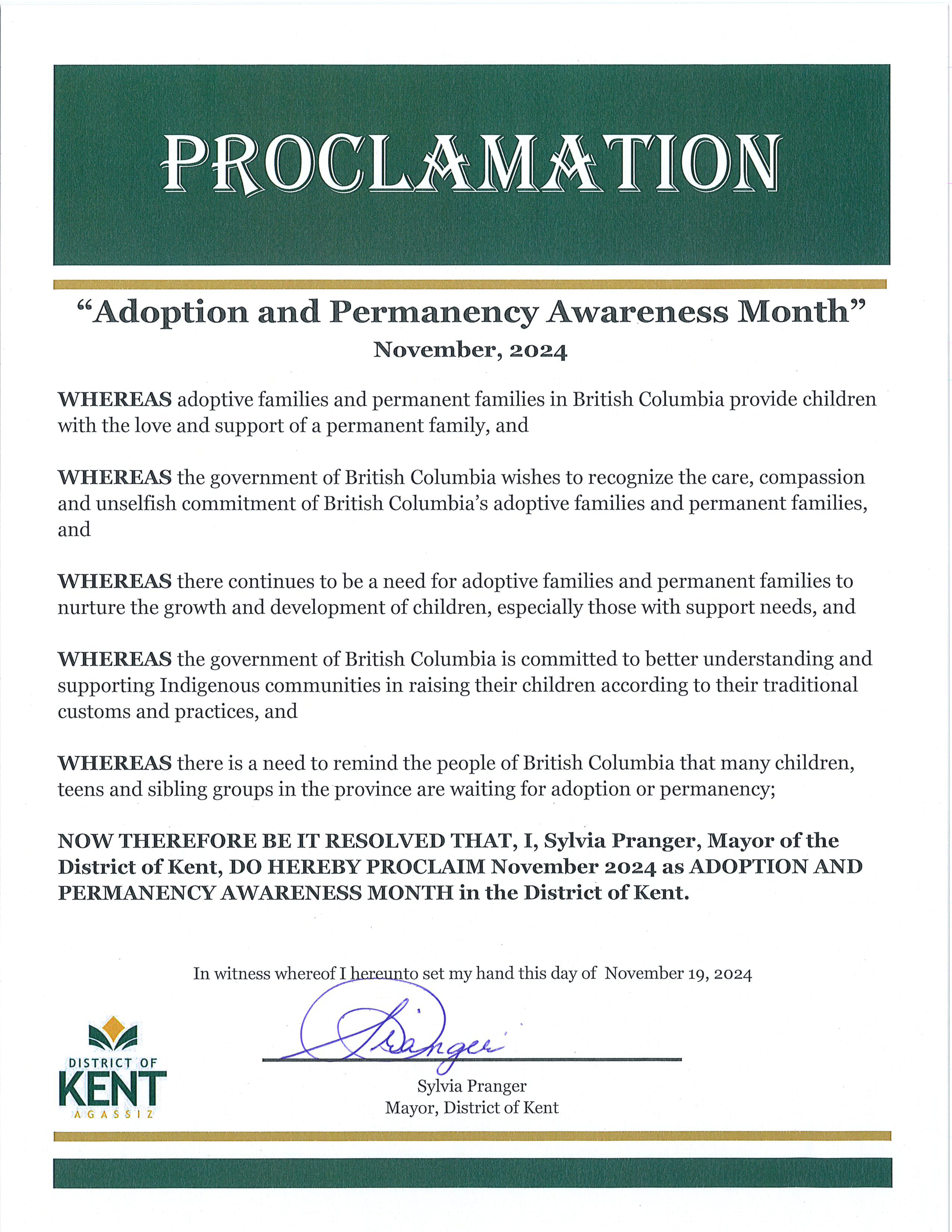 Adoption and Permanency Awarenss Month Proclamation