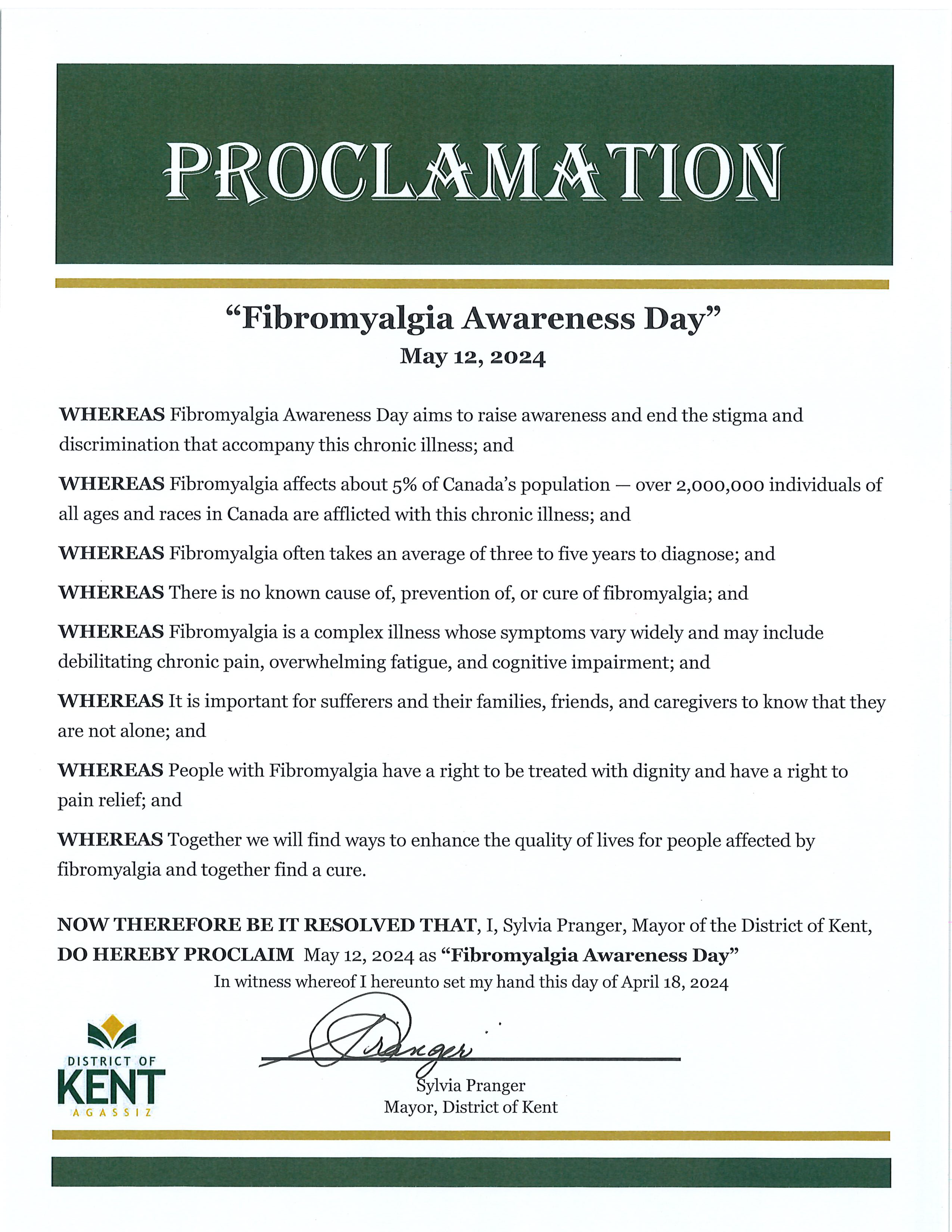 Signed Proclamation of Fibromyalgia Awareness Day