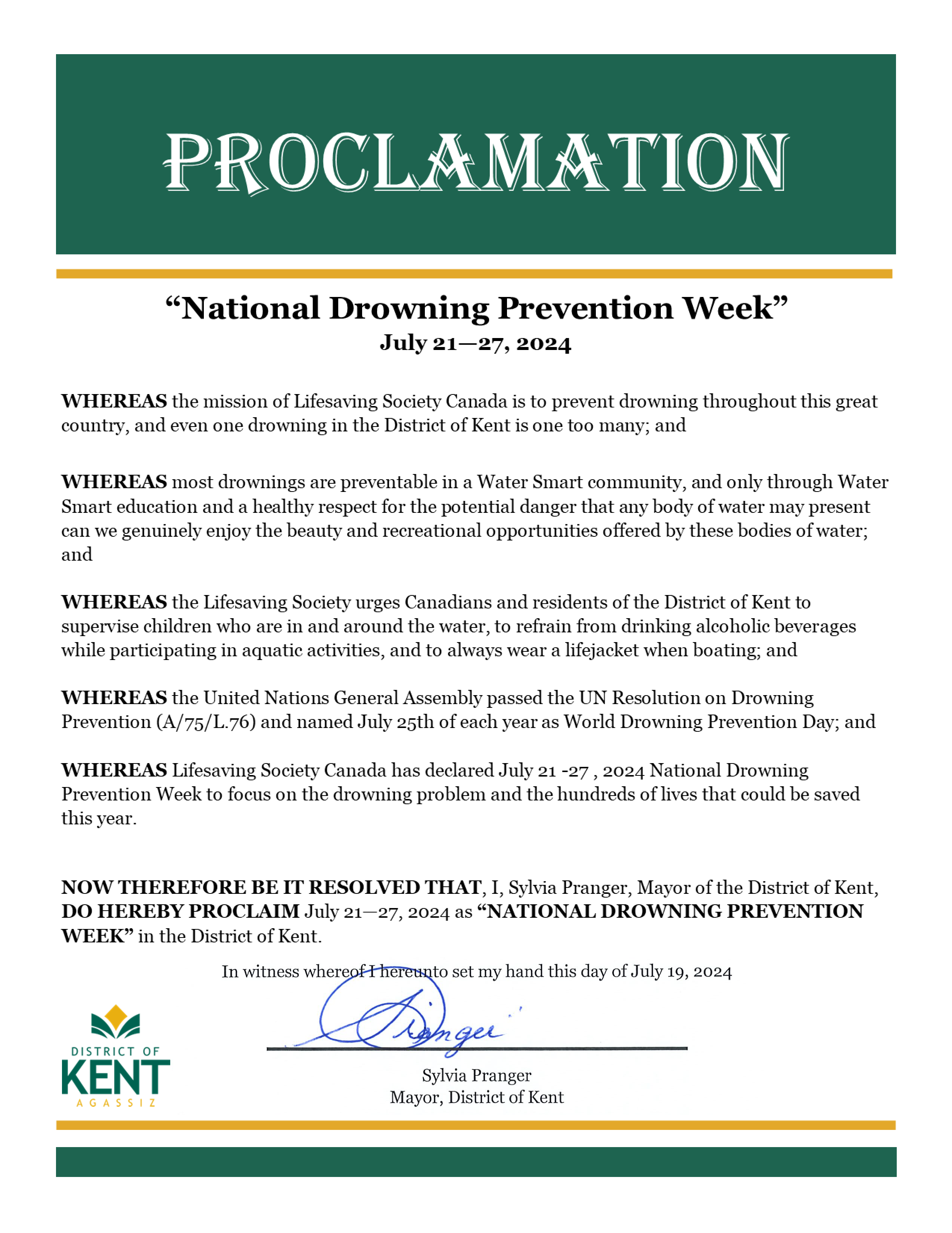 Signed National Drowning Prevention Week Proclamation