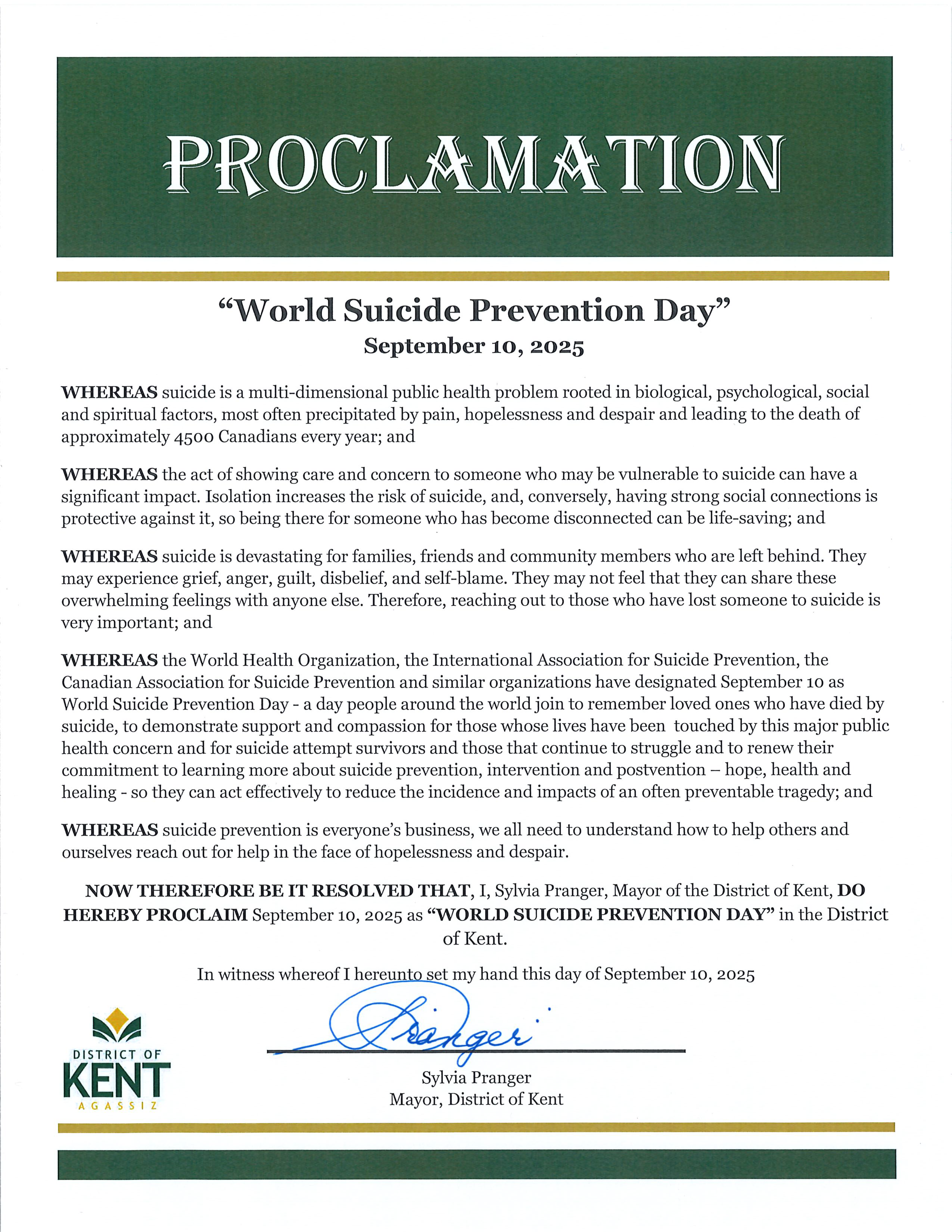 World Suicide Prevention Day Signed Proclamation