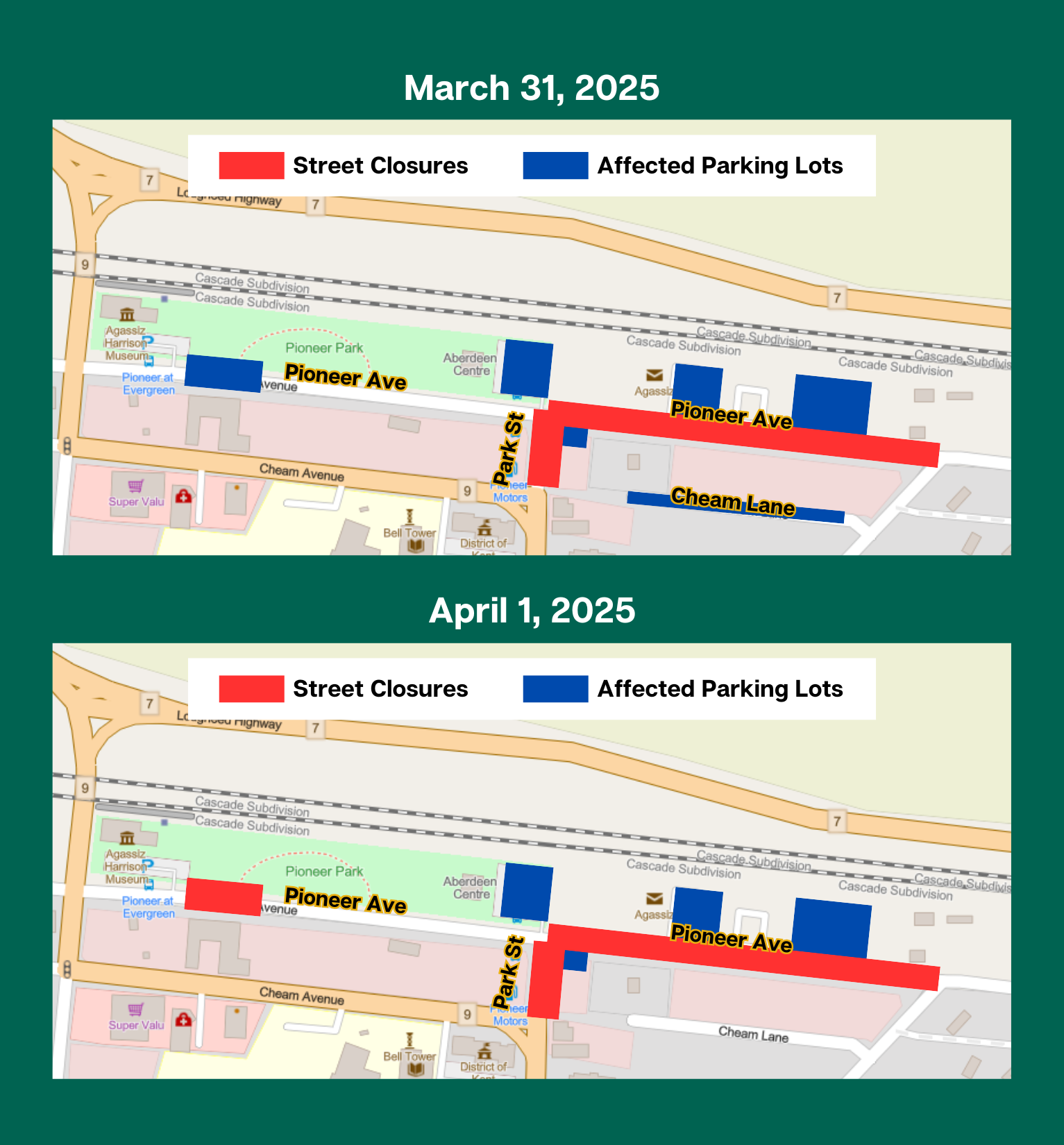 Map of Pioneer Avenue Closures and Parking Limitations