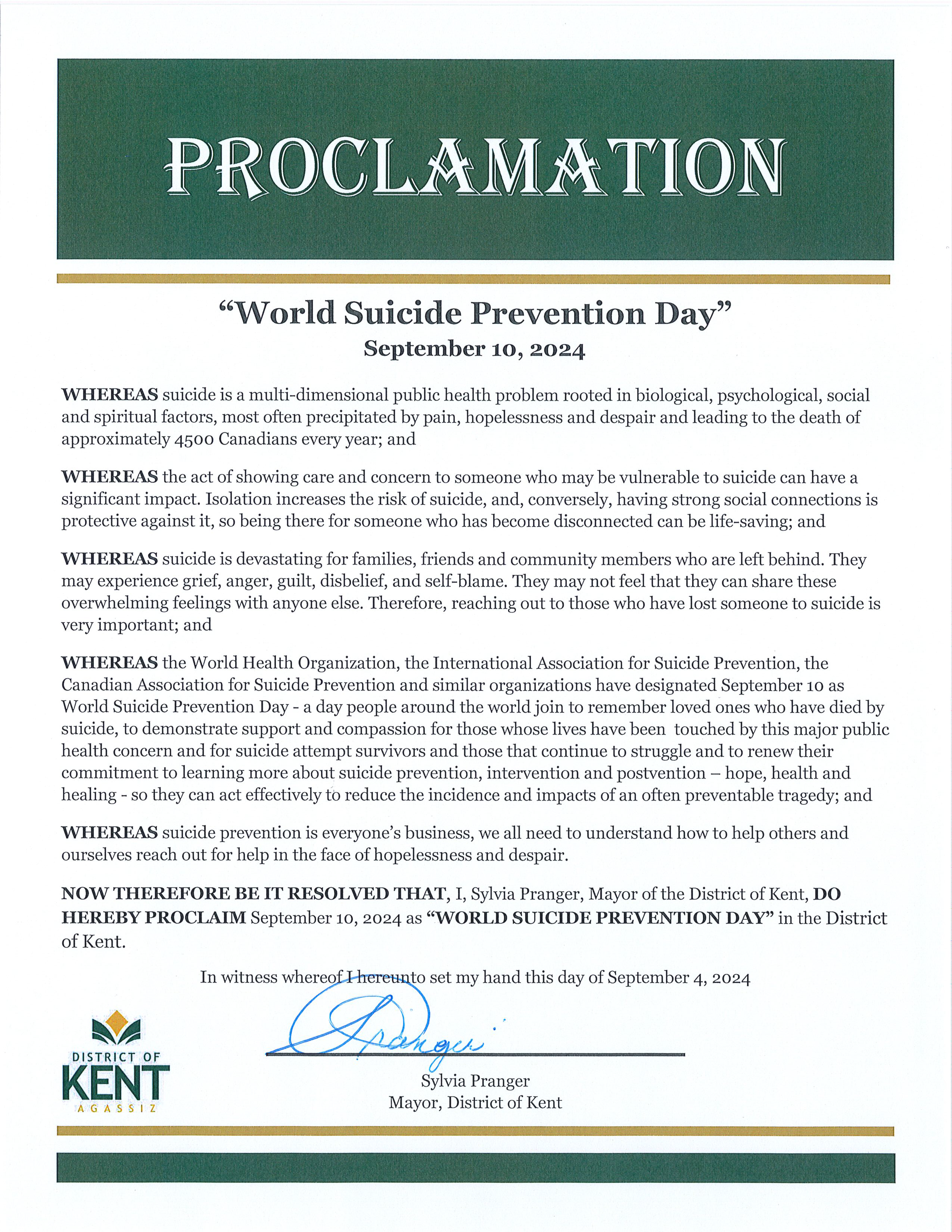 Signed World Suicide Prevention Day Proclamation
