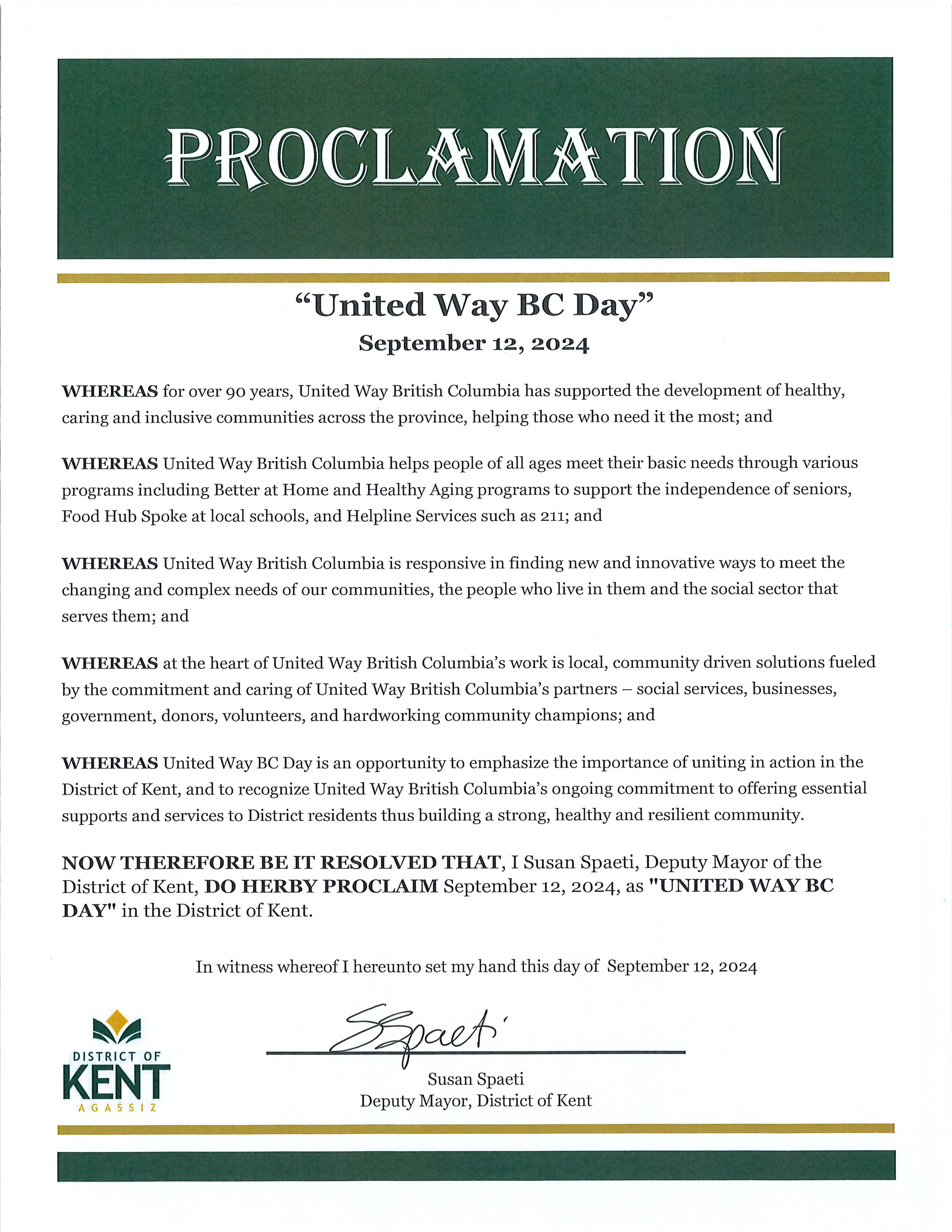 United Way BC Day Proclamation