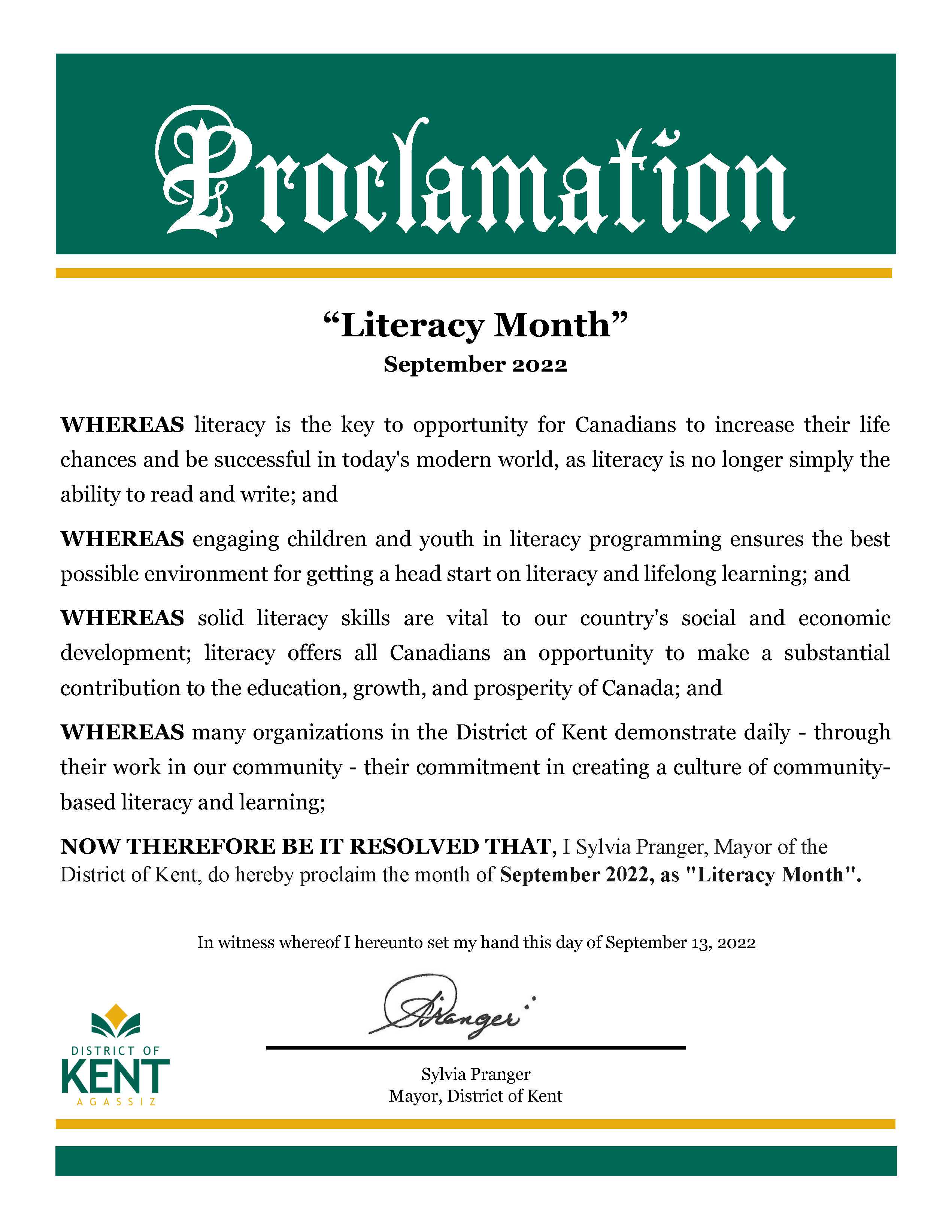 Literacy Month Proclamation