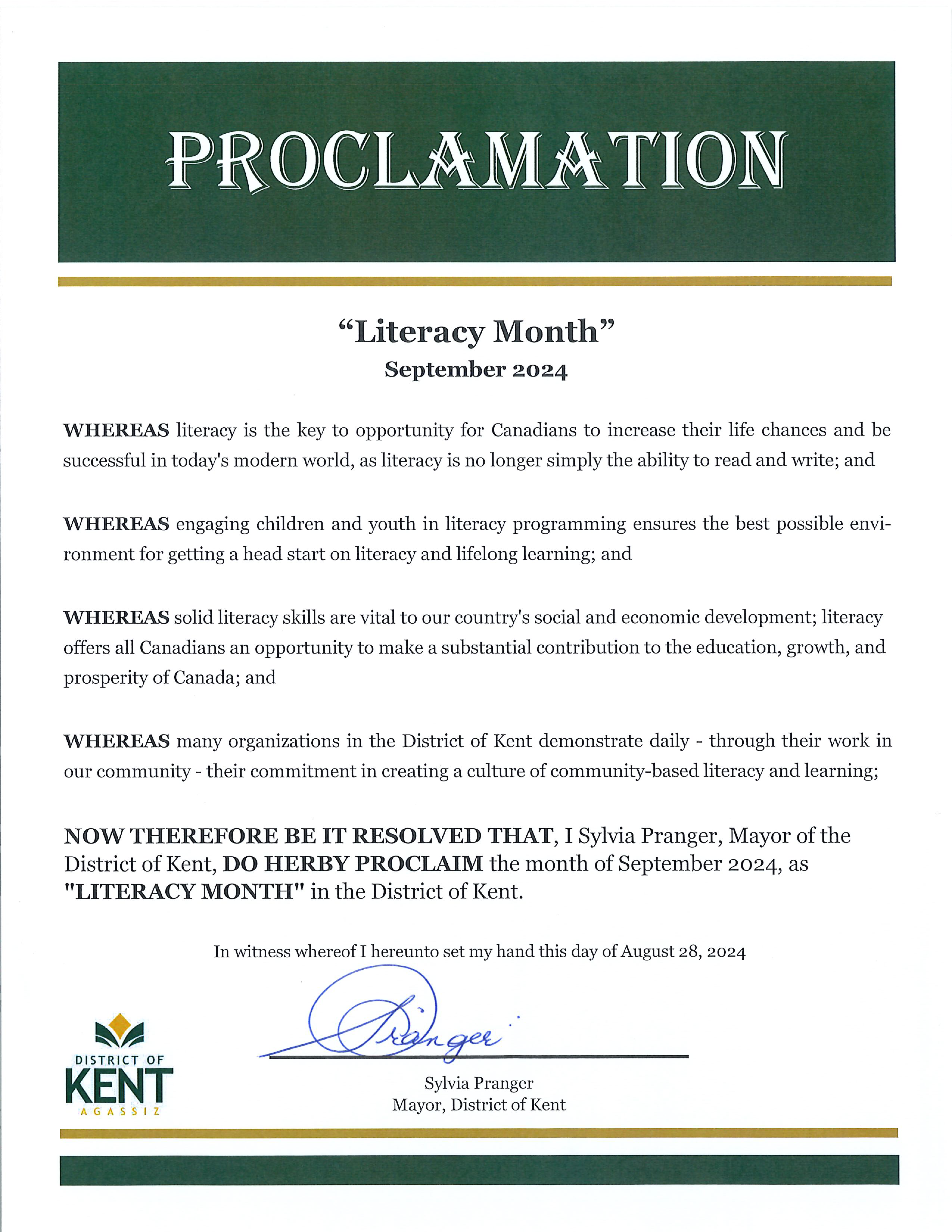 Signed Literacy Awareness Month Proclamation