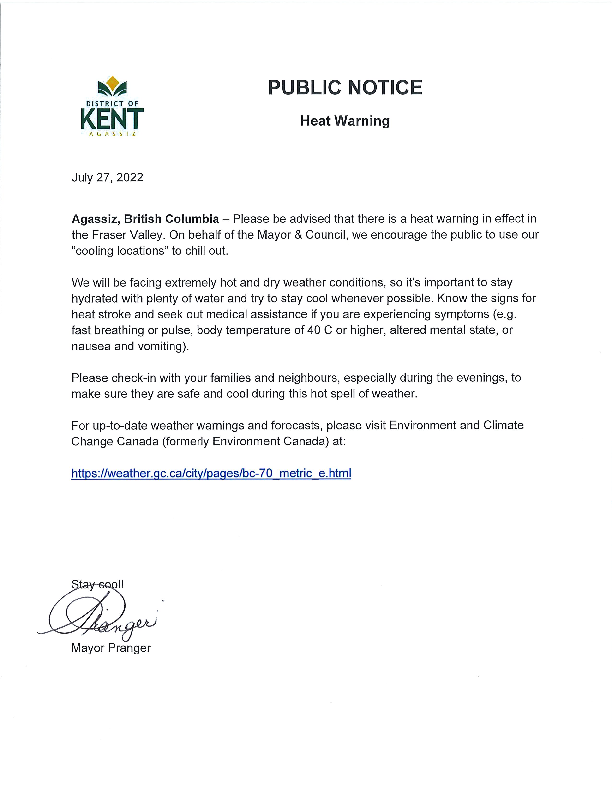 Heat Warning Public Notice