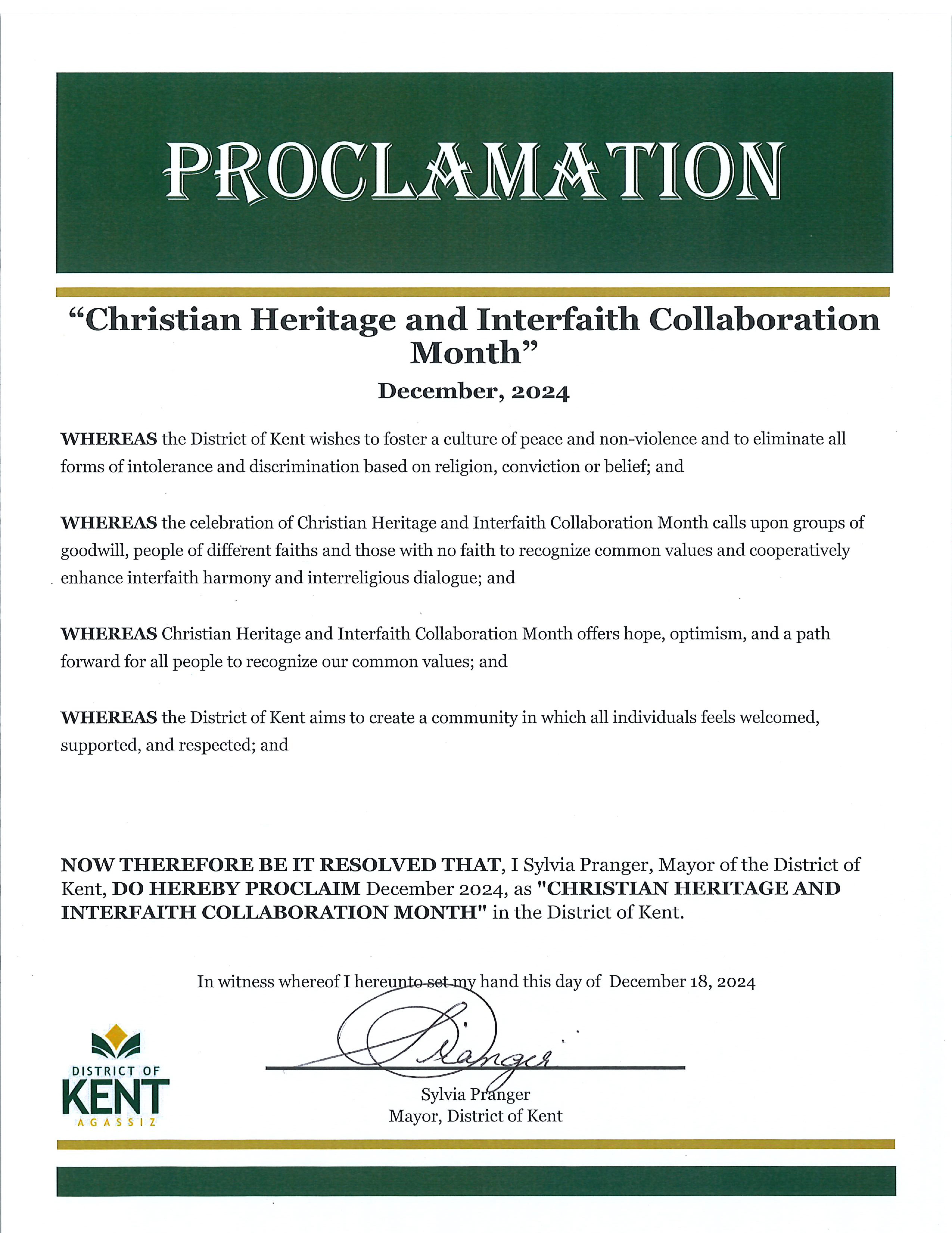 Proclamation for Christian Heritage and Interfaith Collaboration Month