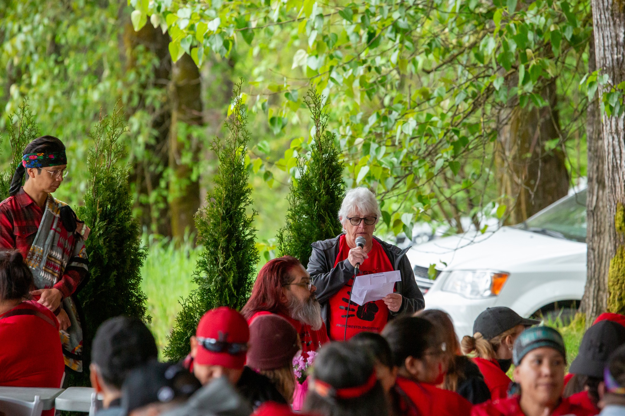Sylvia Pranger speaking at the Cheam First Nation march to honour and remember missing and murdered Indigenous women