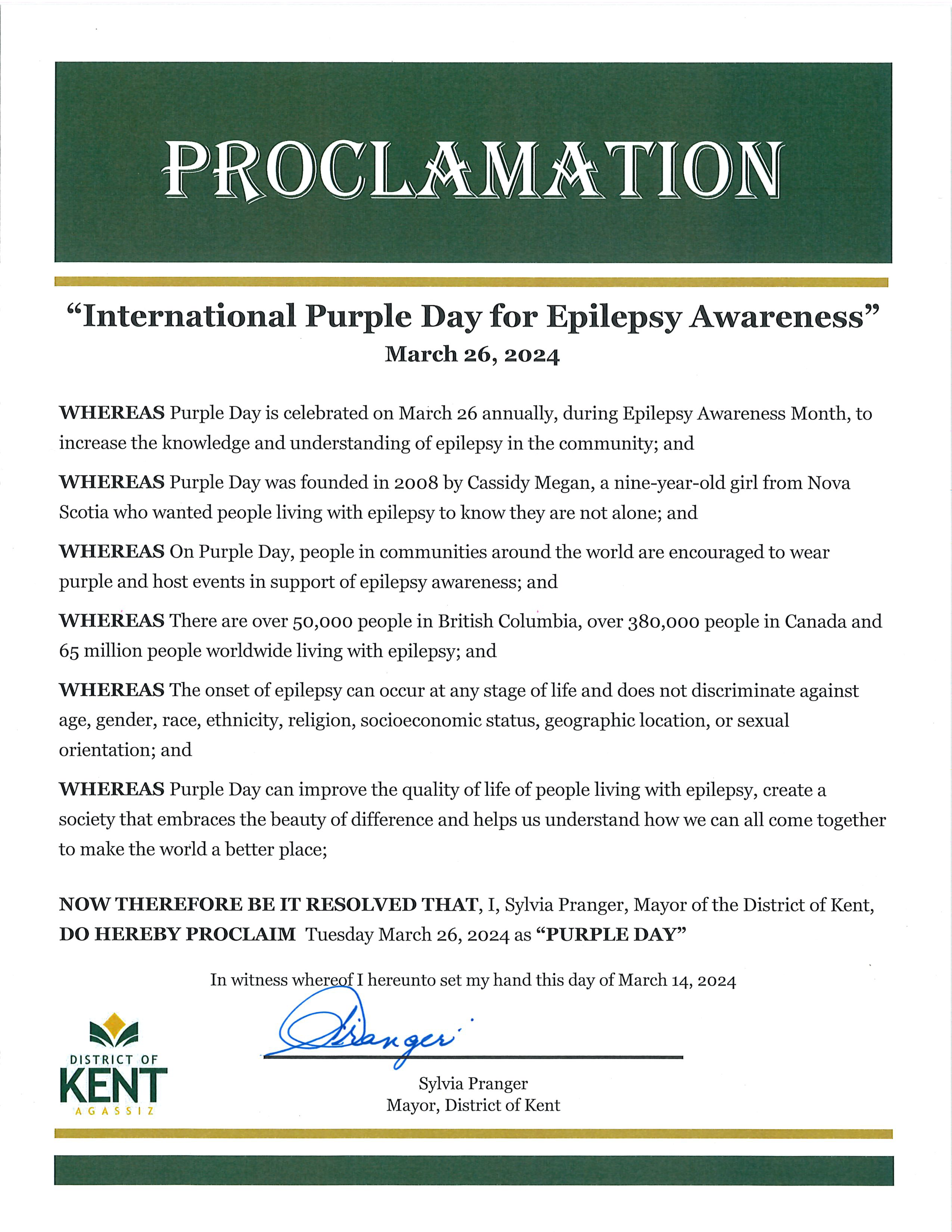 Signed Proclamation of Purple Day