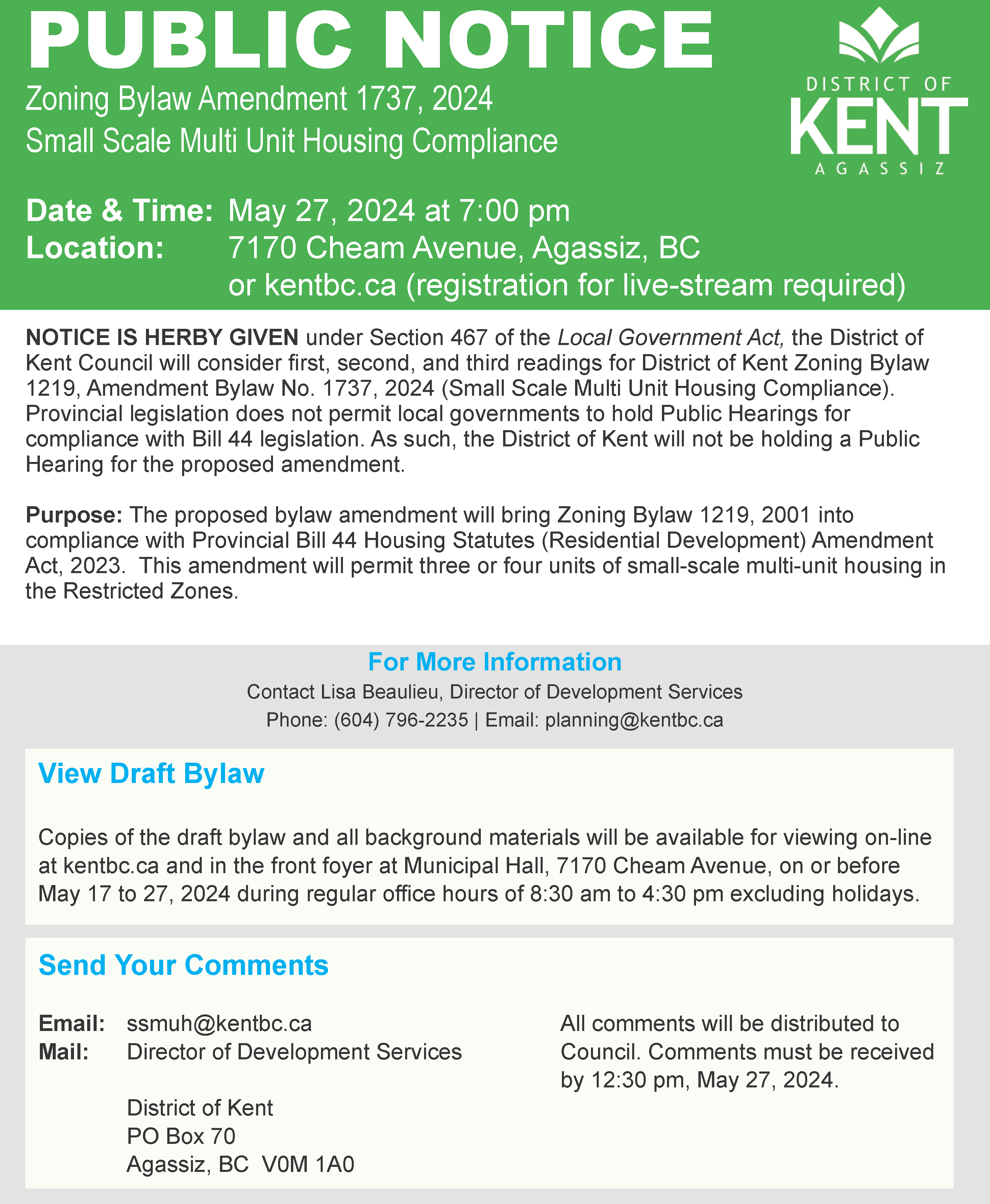 Public Notice Zoning Bylaw Amendment 1737, 2024